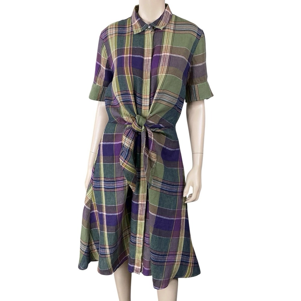 Lauren Ralph Lauren Dress Women Size 12 Short Sleeve Button Linen Tie Front NWT